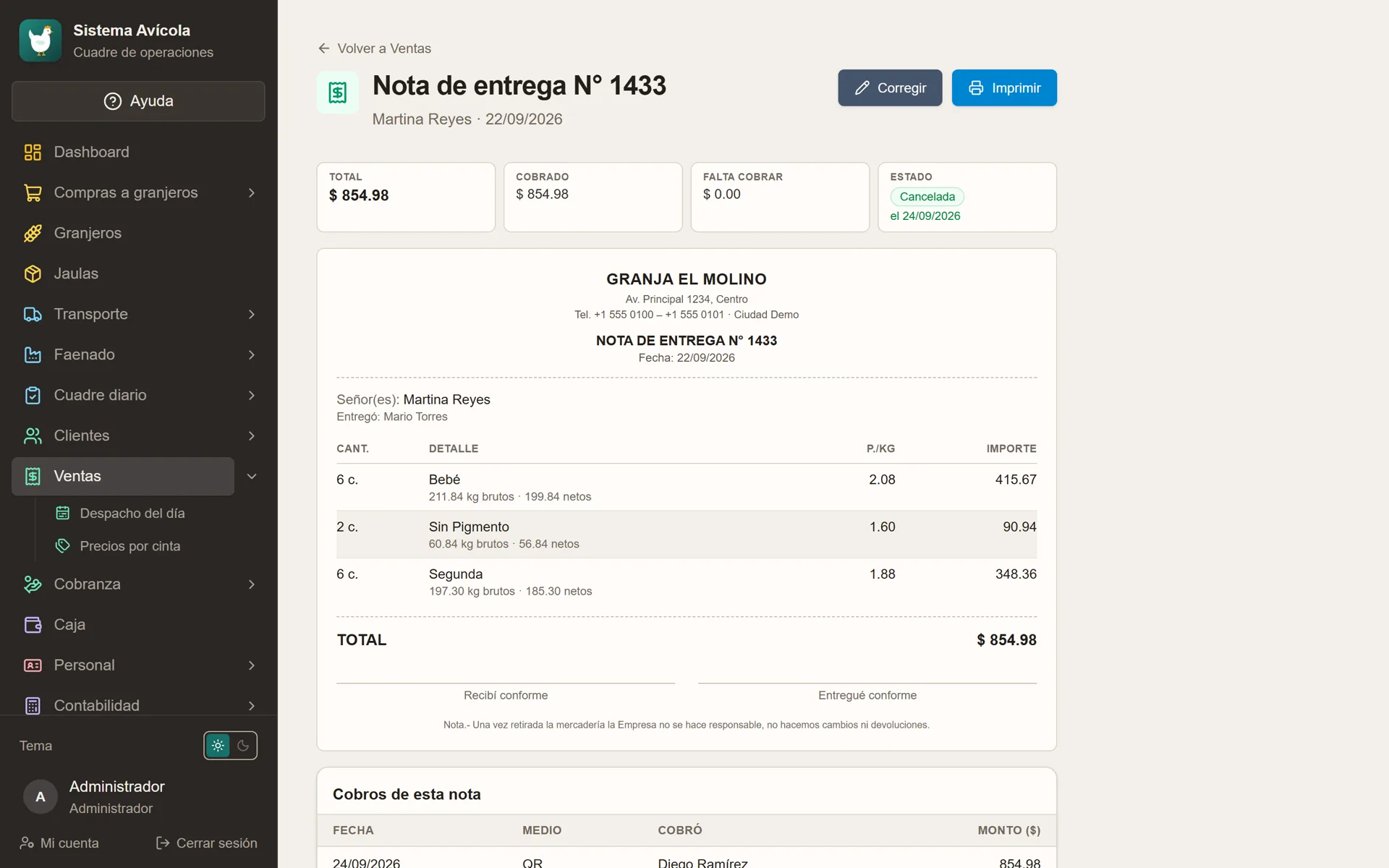 Sistema Avícola: Nota de entrega lista para imprimir