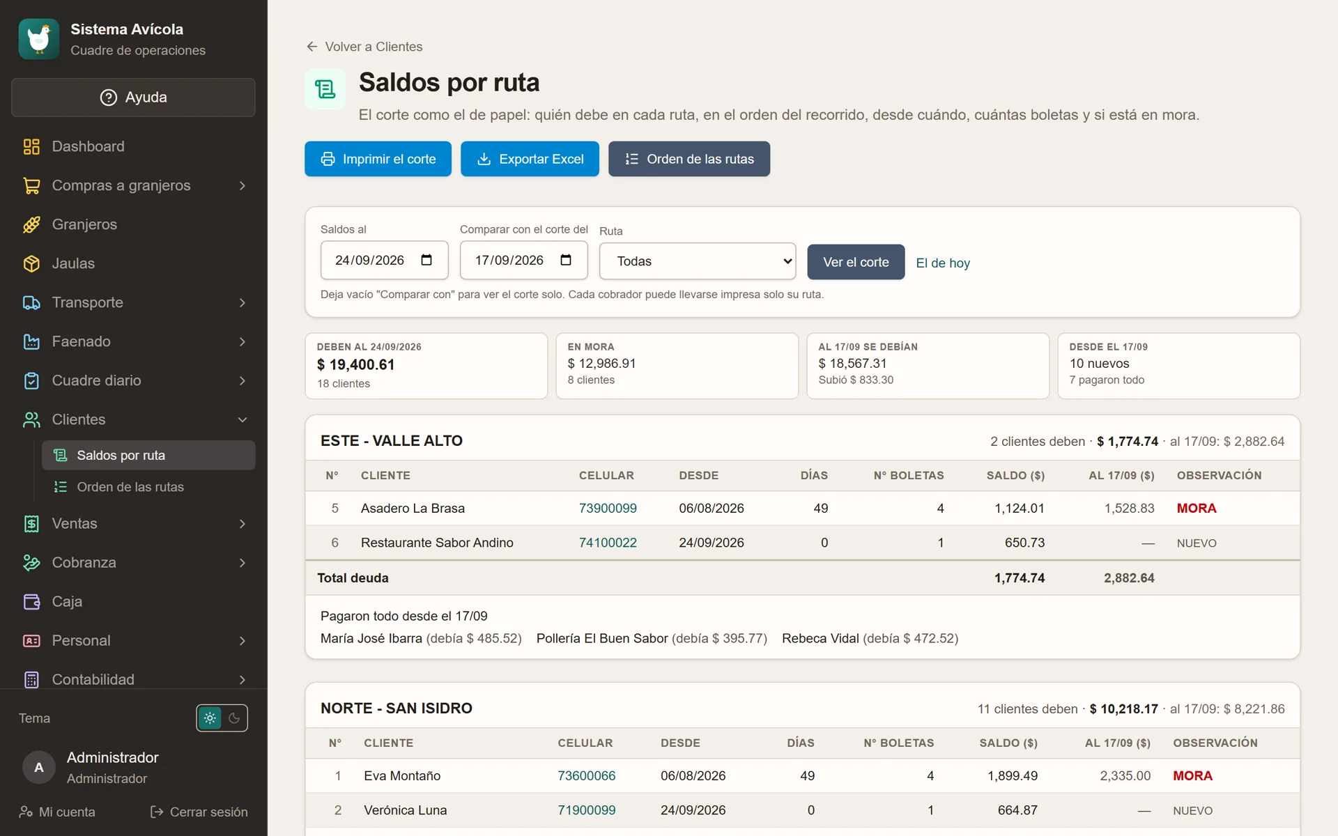 Sistema Avícola: Corte de saldos por ruta con clientes en mora
