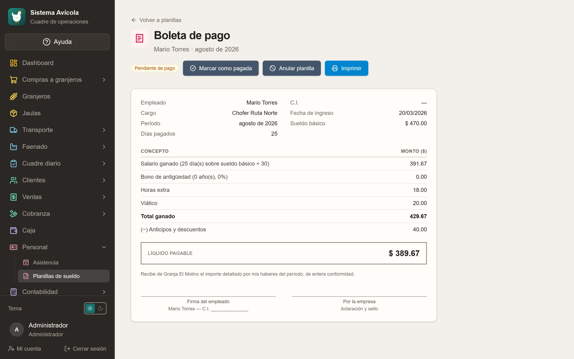 Sistema Avícola: Boleta de pago del empleado