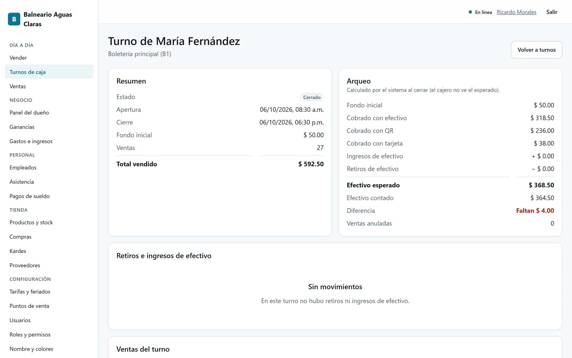 Sistema para Balnearios: Detalle del turno: efectivo esperado, contado y diferencia
