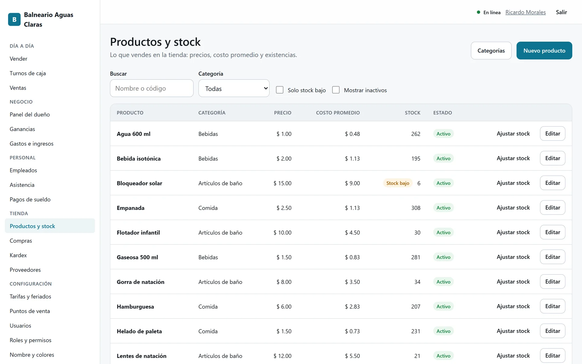 Sistema para Balnearios: Productos de la tienda con costo promedio y alertas de stock bajo