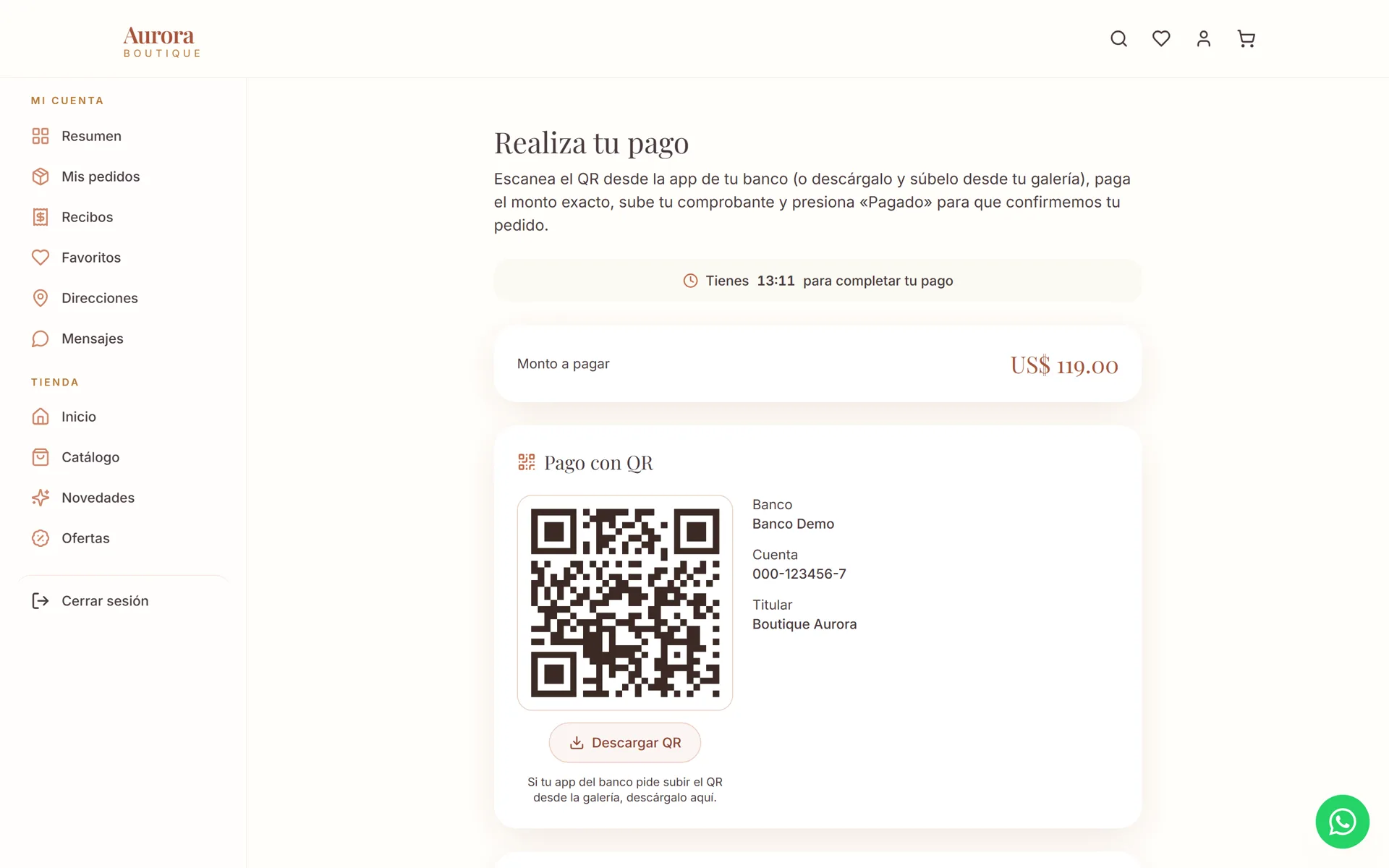 Sistema de Ventas para Boutique: Pago con QR bancario y tiempo para completar la compra