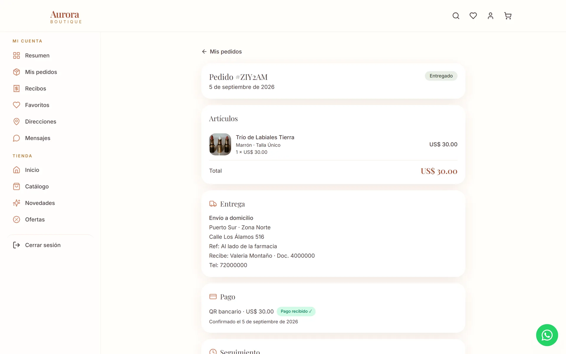 Sistema de Ventas para Boutique: Detalle del pedido para la clienta: entrega, pago y seguimiento