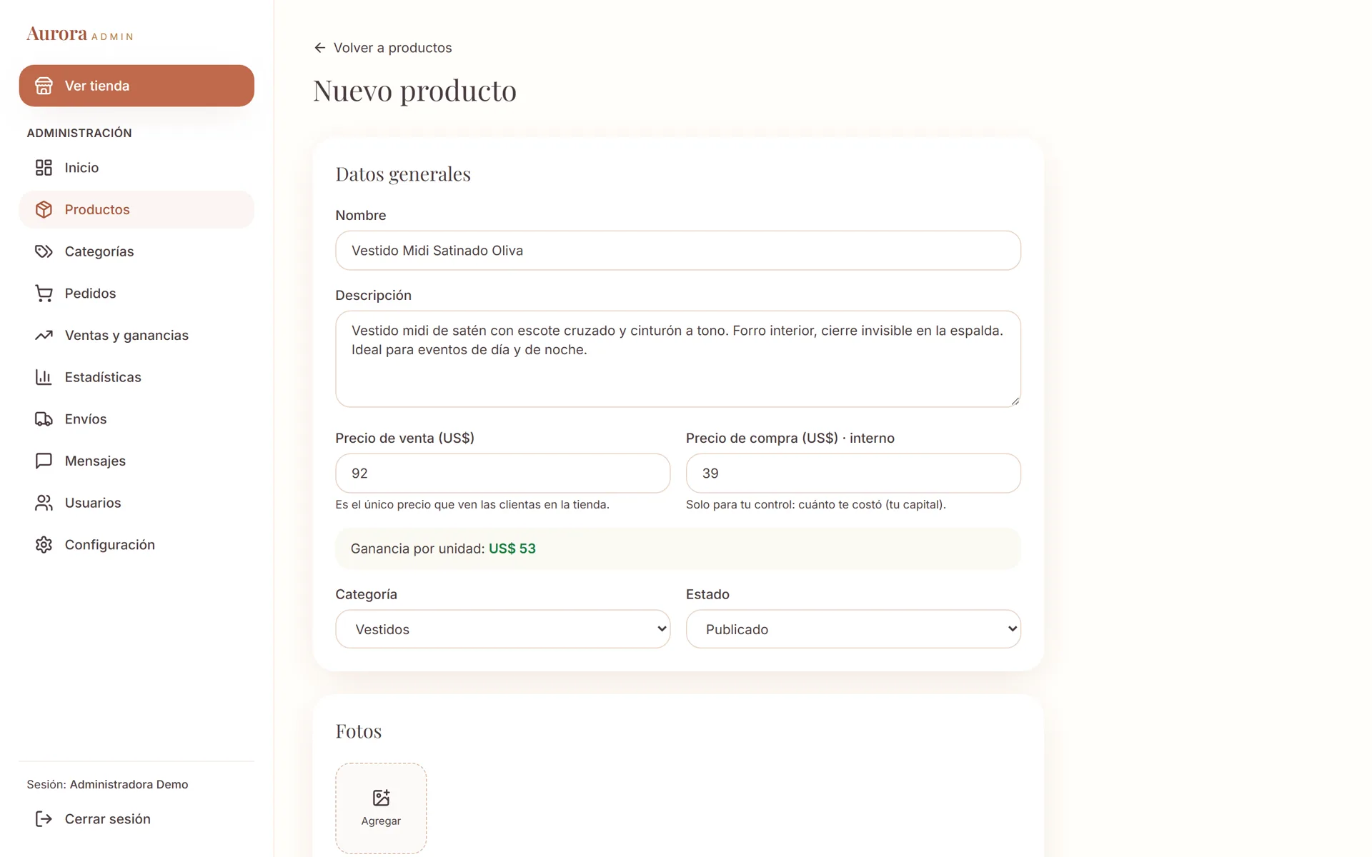 Sistema de Ventas para Boutique: Alta de producto con precio, costo y ganancia calculada