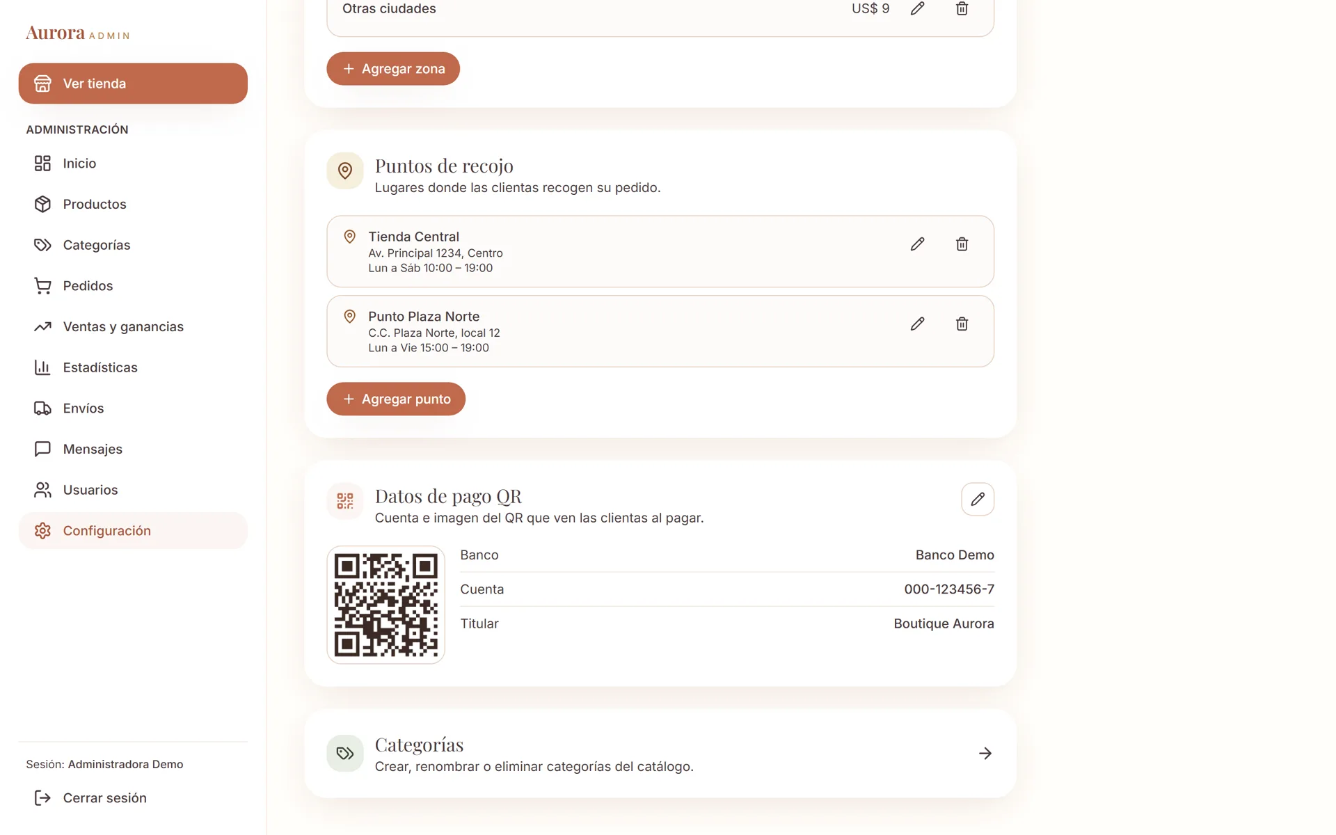Sistema de Ventas para Boutique: Configuración de puntos de recojo y datos de pago con QR