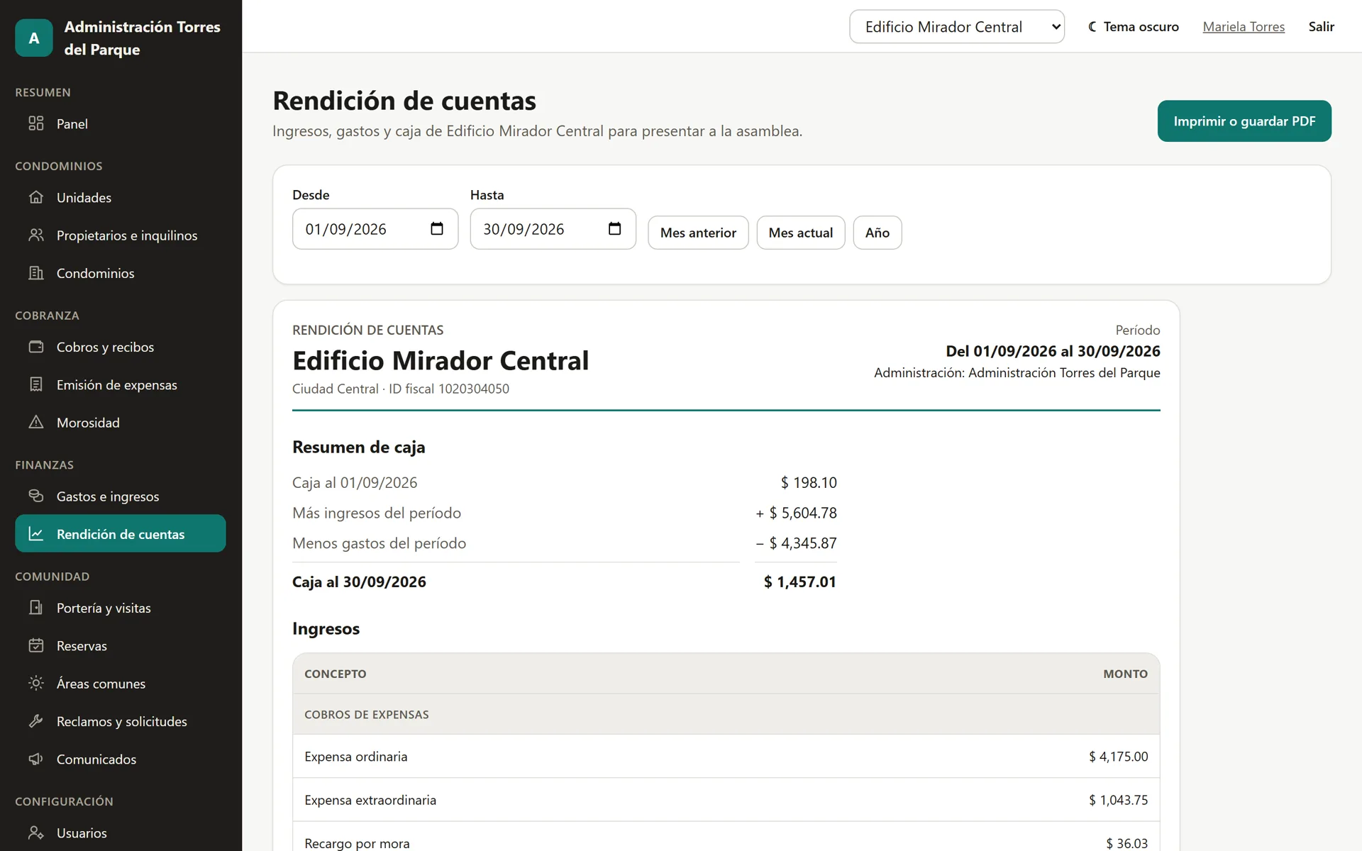 Sistema para Condominios y Edificios: Rendición de cuentas del mes lista para la asamblea