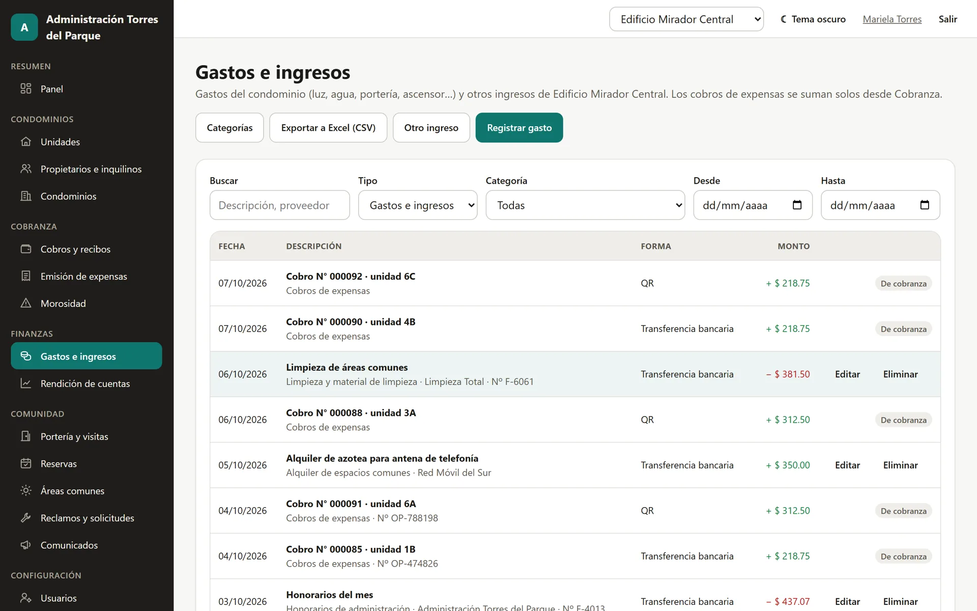 Sistema para Condominios y Edificios: Gastos e ingresos del condominio por categoría y proveedor