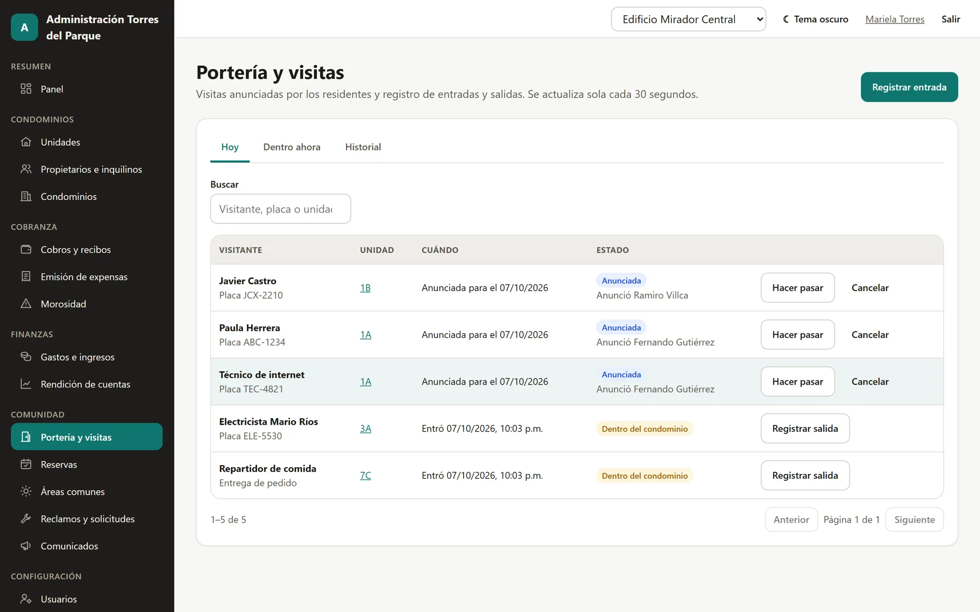 Sistema para Condominios y Edificios: Portería: visitas anunciadas por los vecinos y quién está dentro