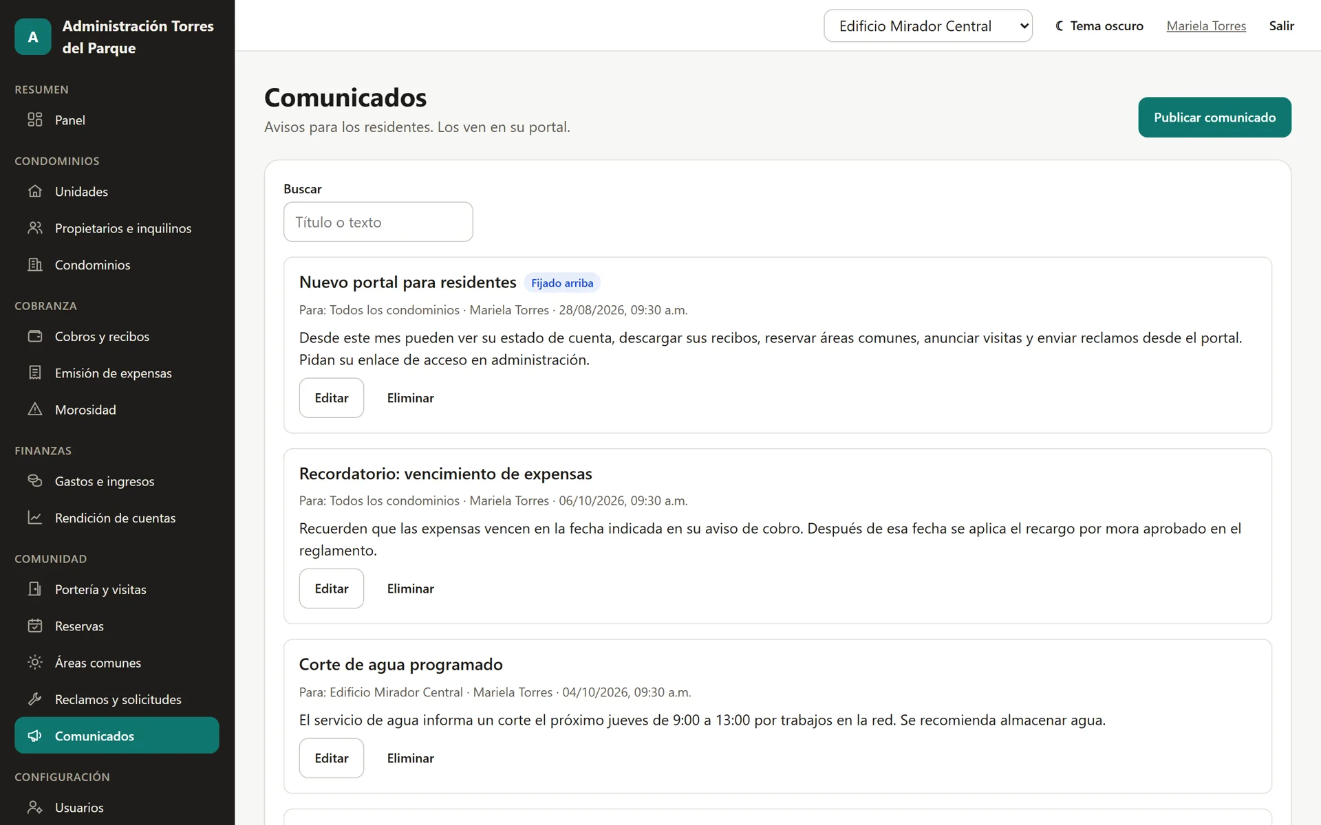 Sistema para Condominios y Edificios: Comunicados para un edificio o para todos los condominios