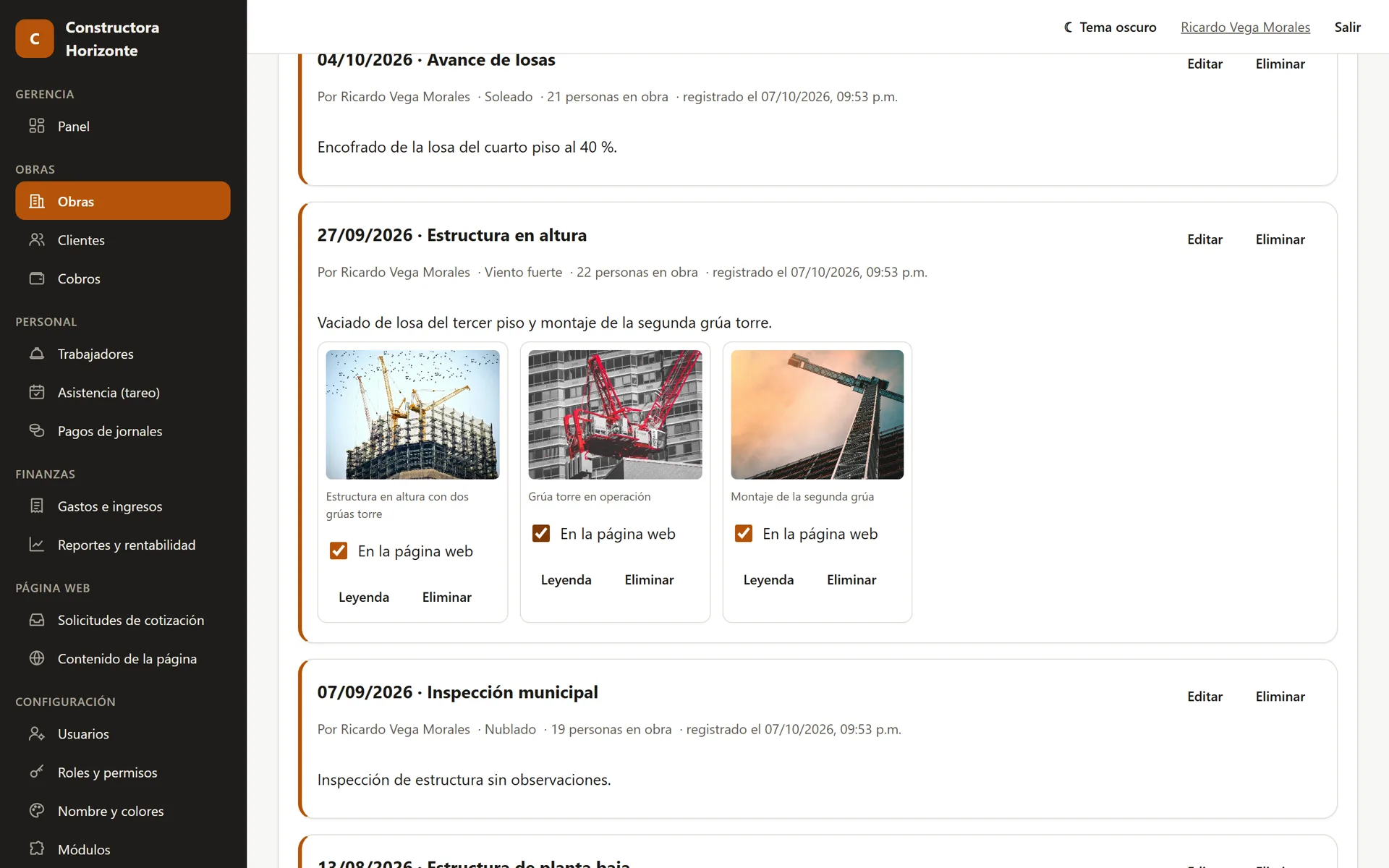Sistema para Constructoras: Bitácora de obra con fotos del avance