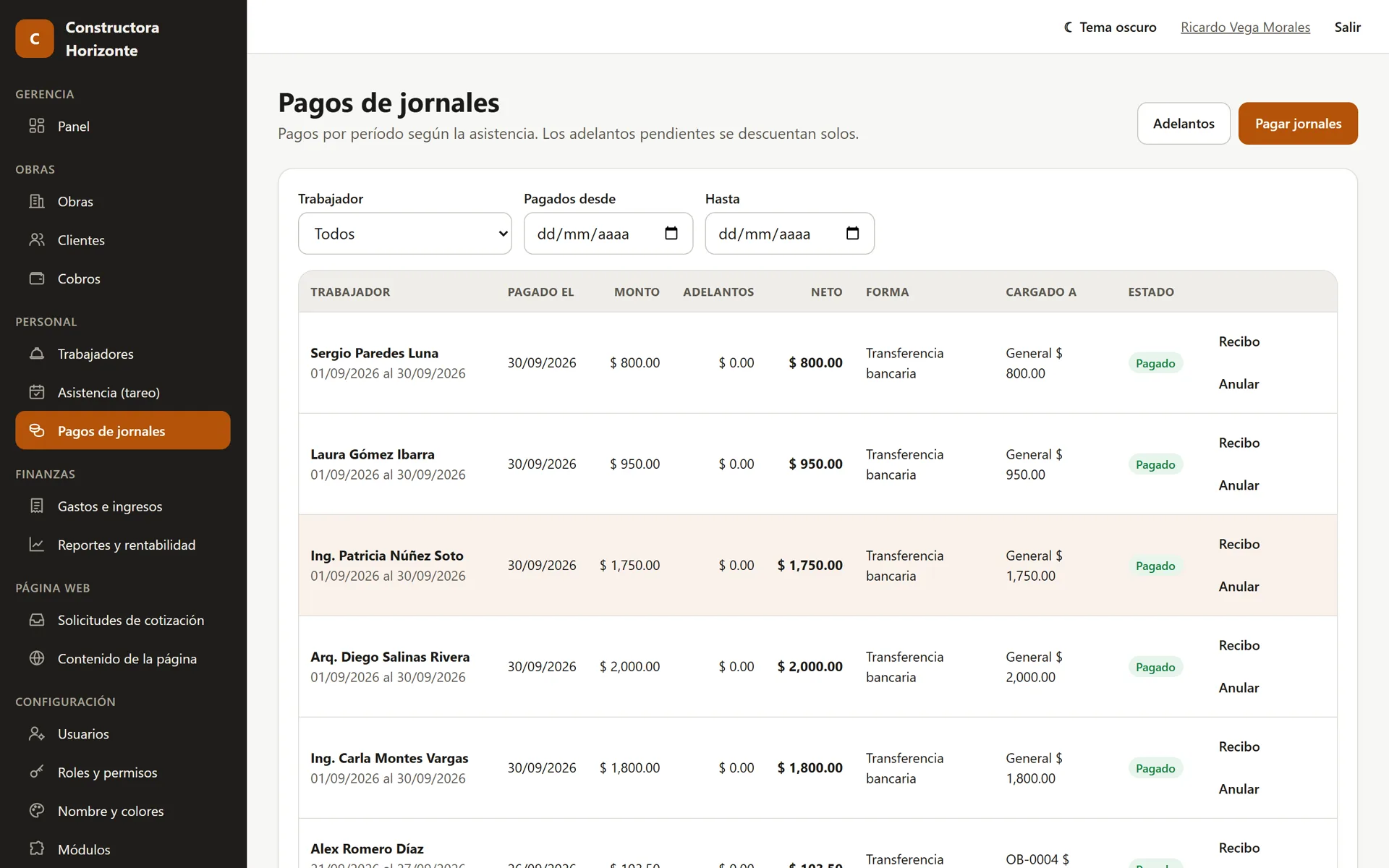 Sistema para Constructoras: Pagos de jornales y sueldos cargados a cada obra