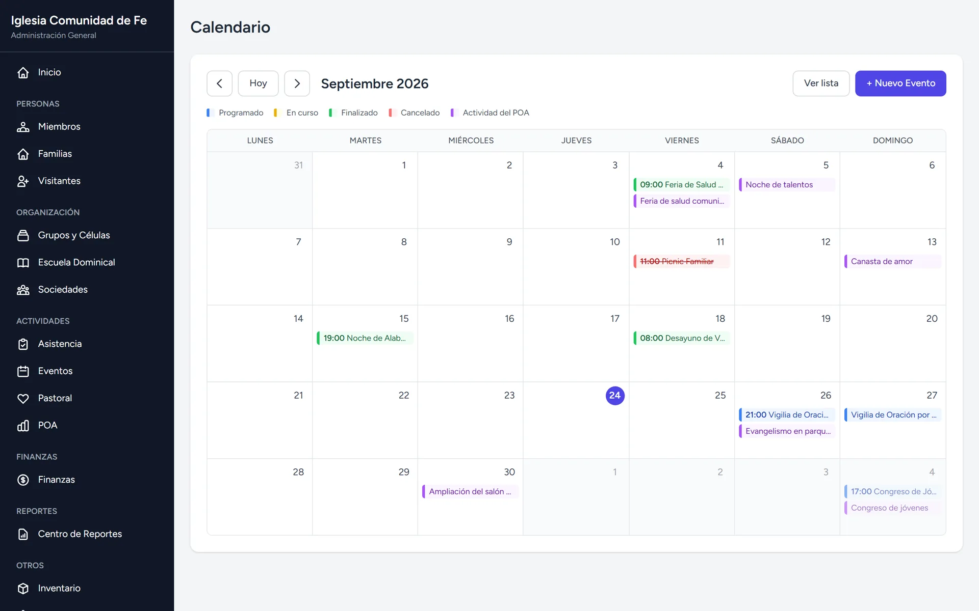 Sistema de Gestión para Iglesias: Calendario mensual de eventos y actividades del POA