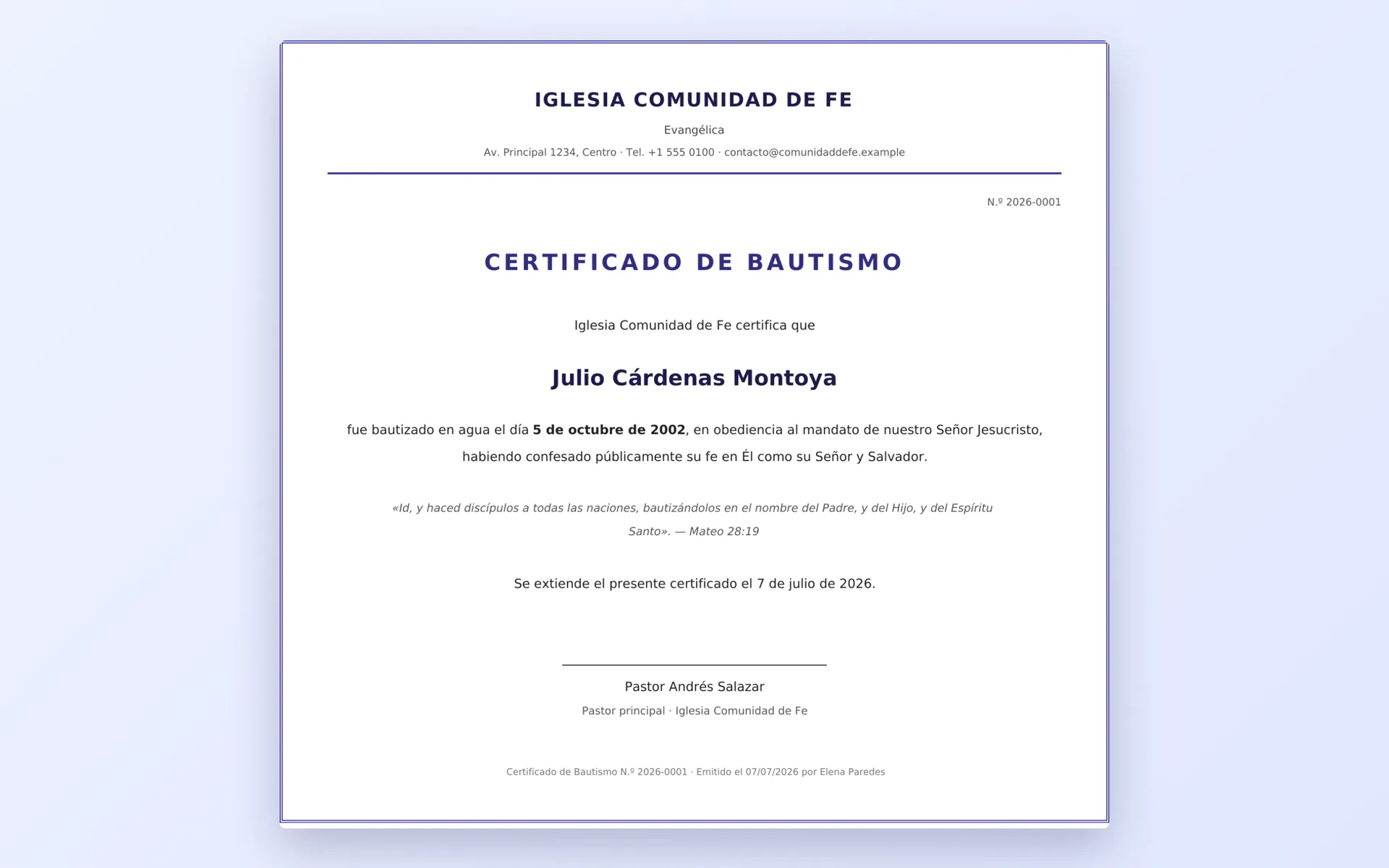 Sistema de Gestión para Iglesias: Certificado de bautismo generado en PDF