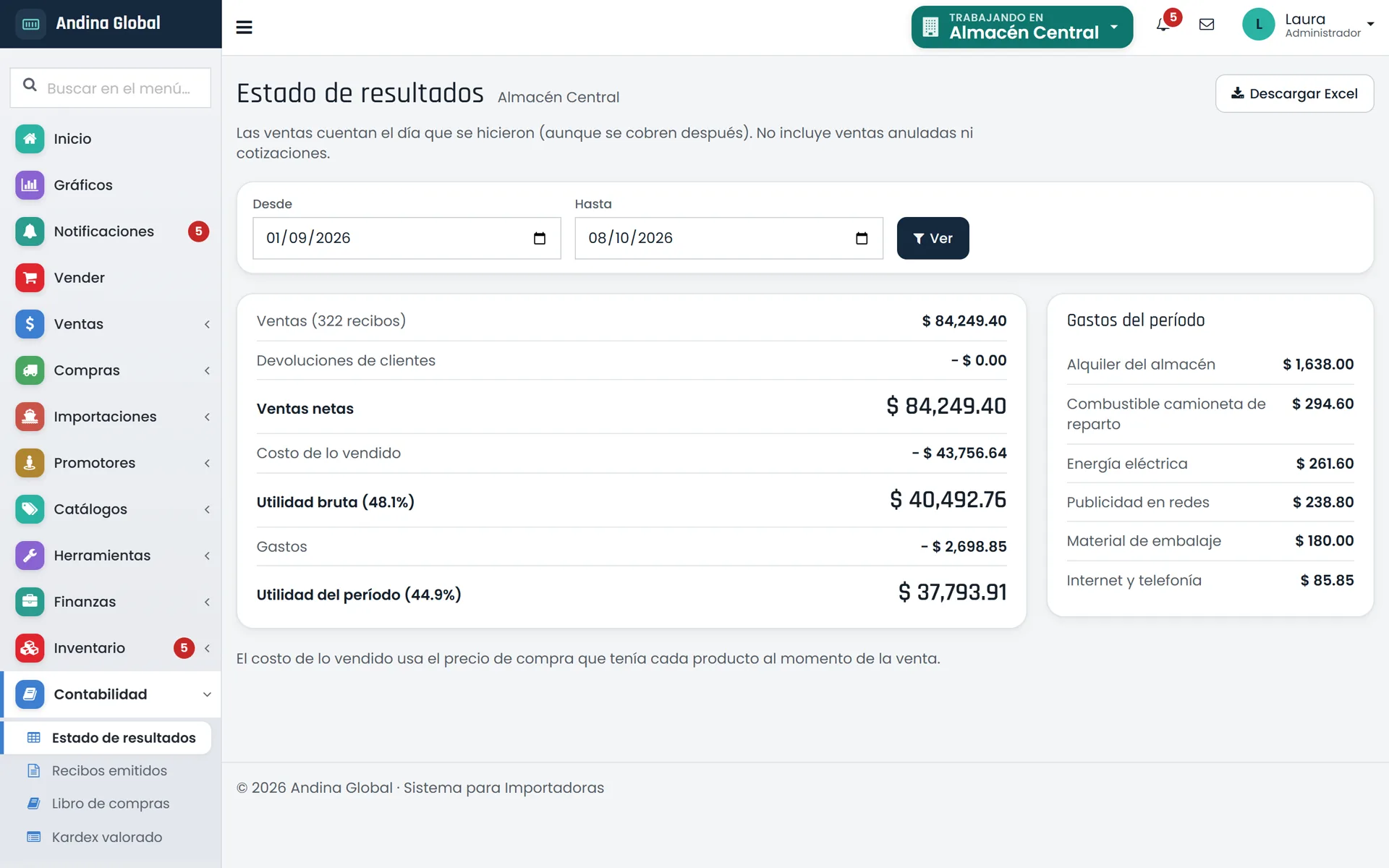 Sistema para Importadoras: Estado de resultados: ventas, costo de lo vendido, gastos y utilidad