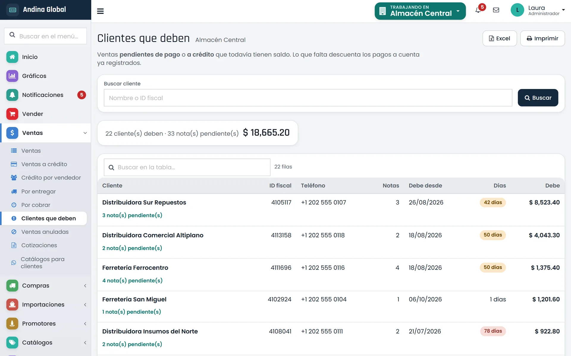 Sistema para Importadoras: Clientes que deben, con sus notas pendientes y días de atraso