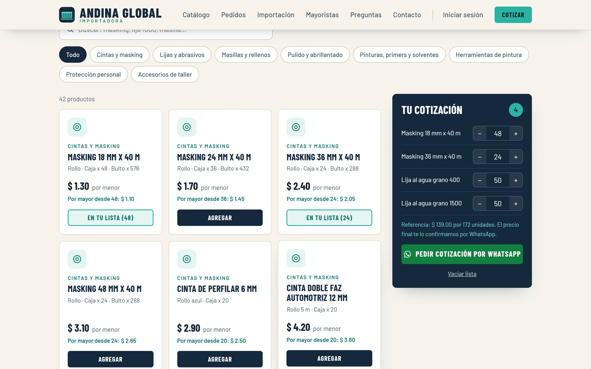Sistema para Importadoras: Catálogo web con lista de cotización que se envía por WhatsApp