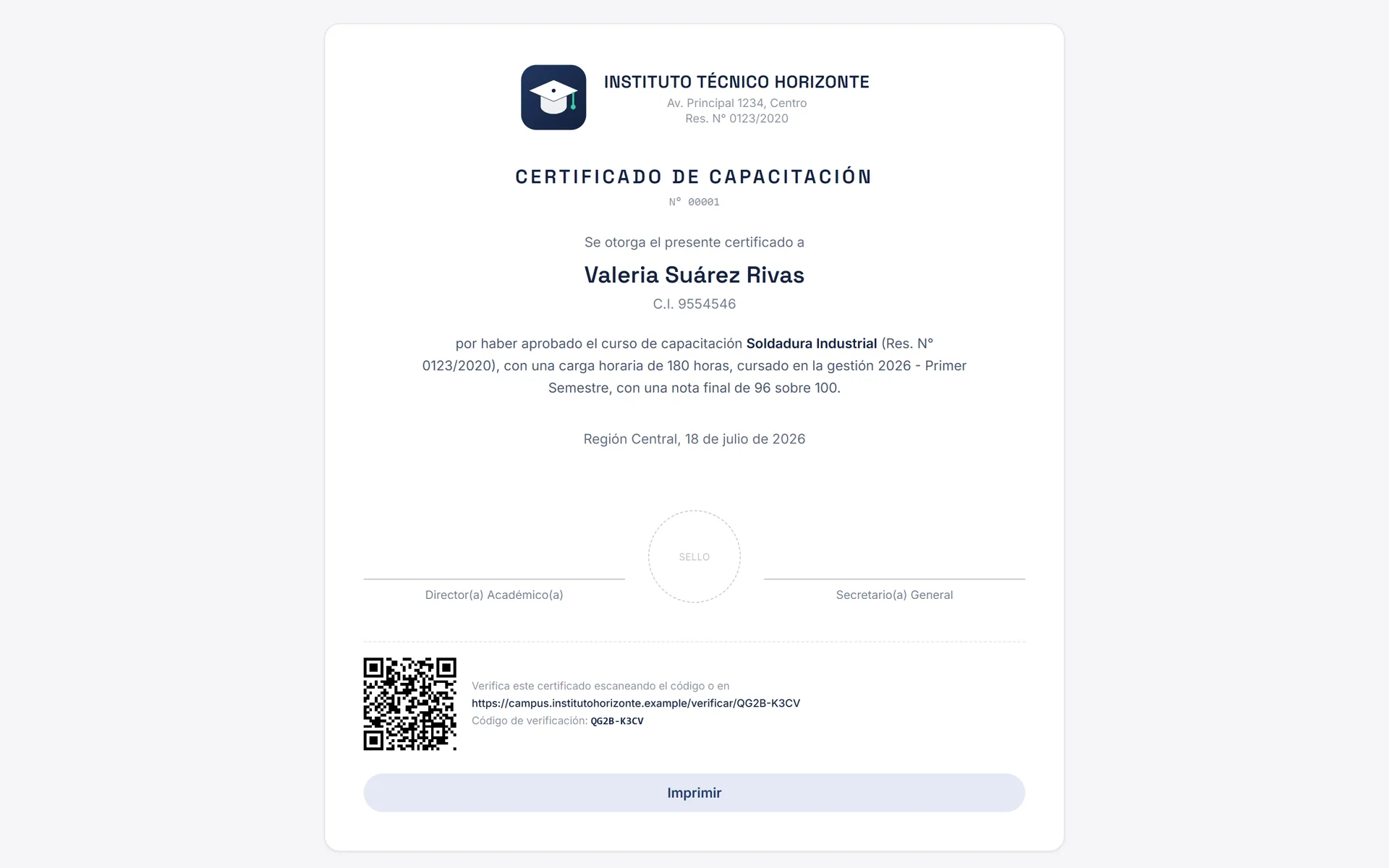 Sistema de Gestión para Institutos: Certificado imprimible con código QR de verificación