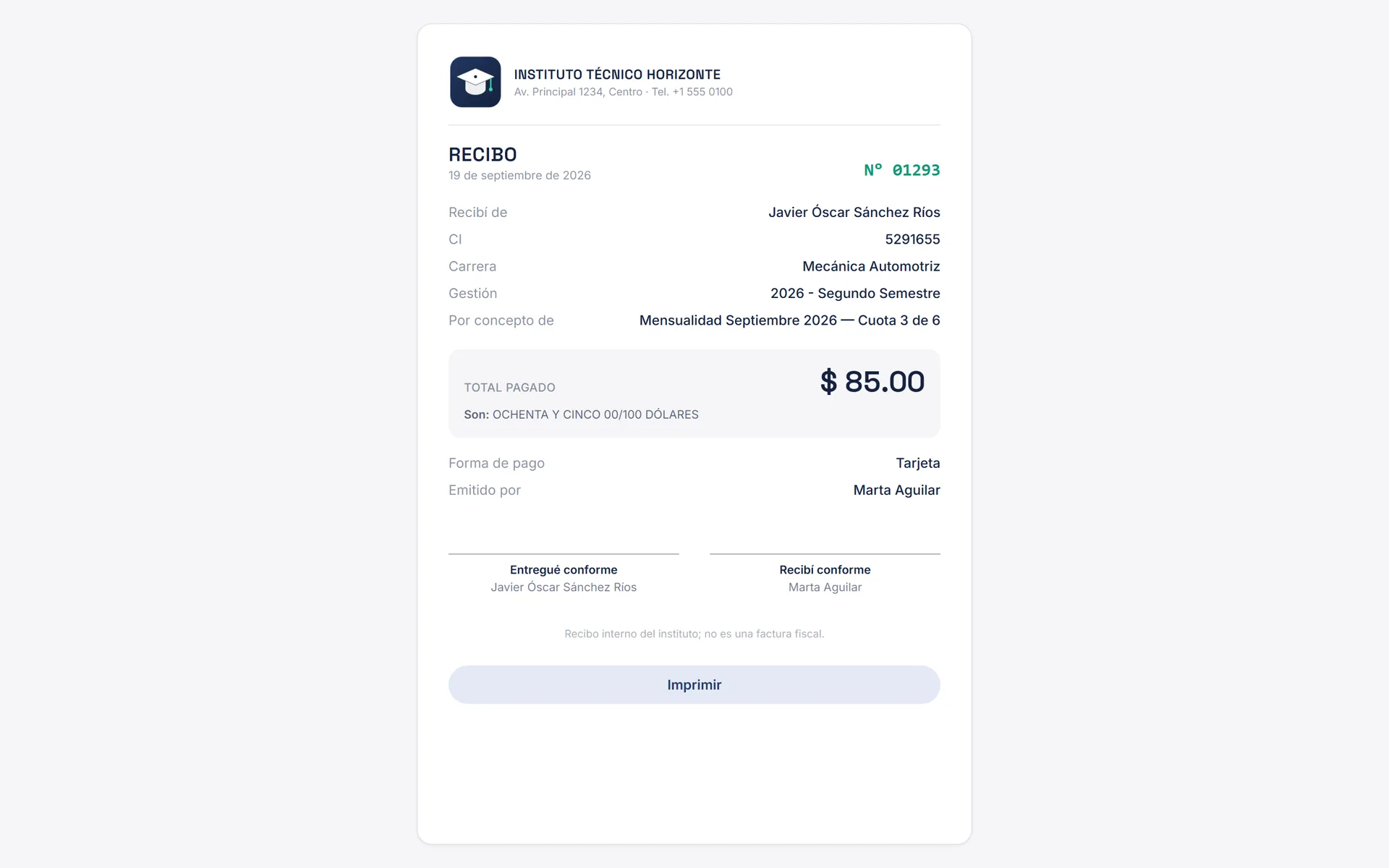 Sistema de Gestión para Institutos: Recibo de pago con el monto en letras