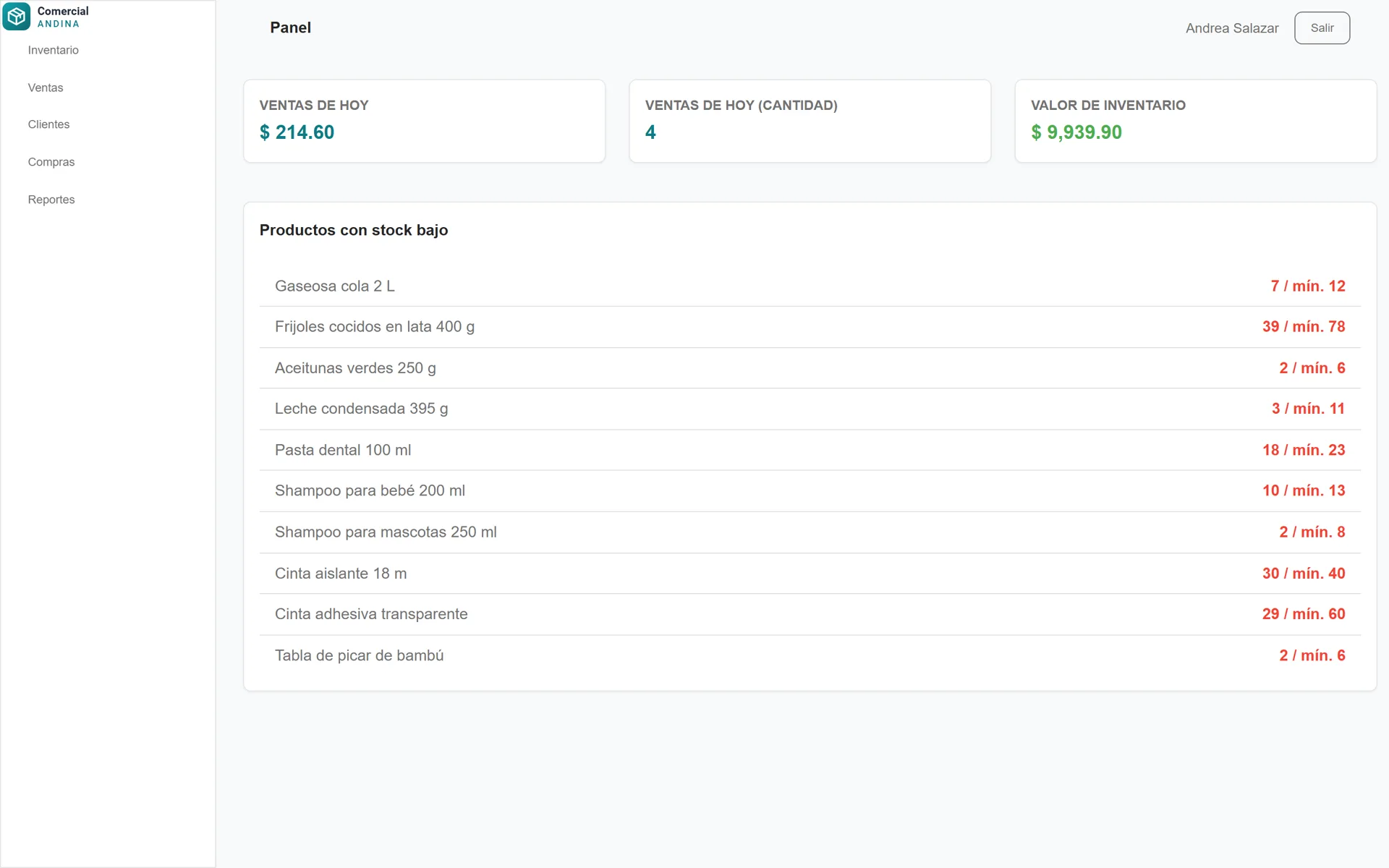 Sistema de Inventario y Ventas: pantalla principal