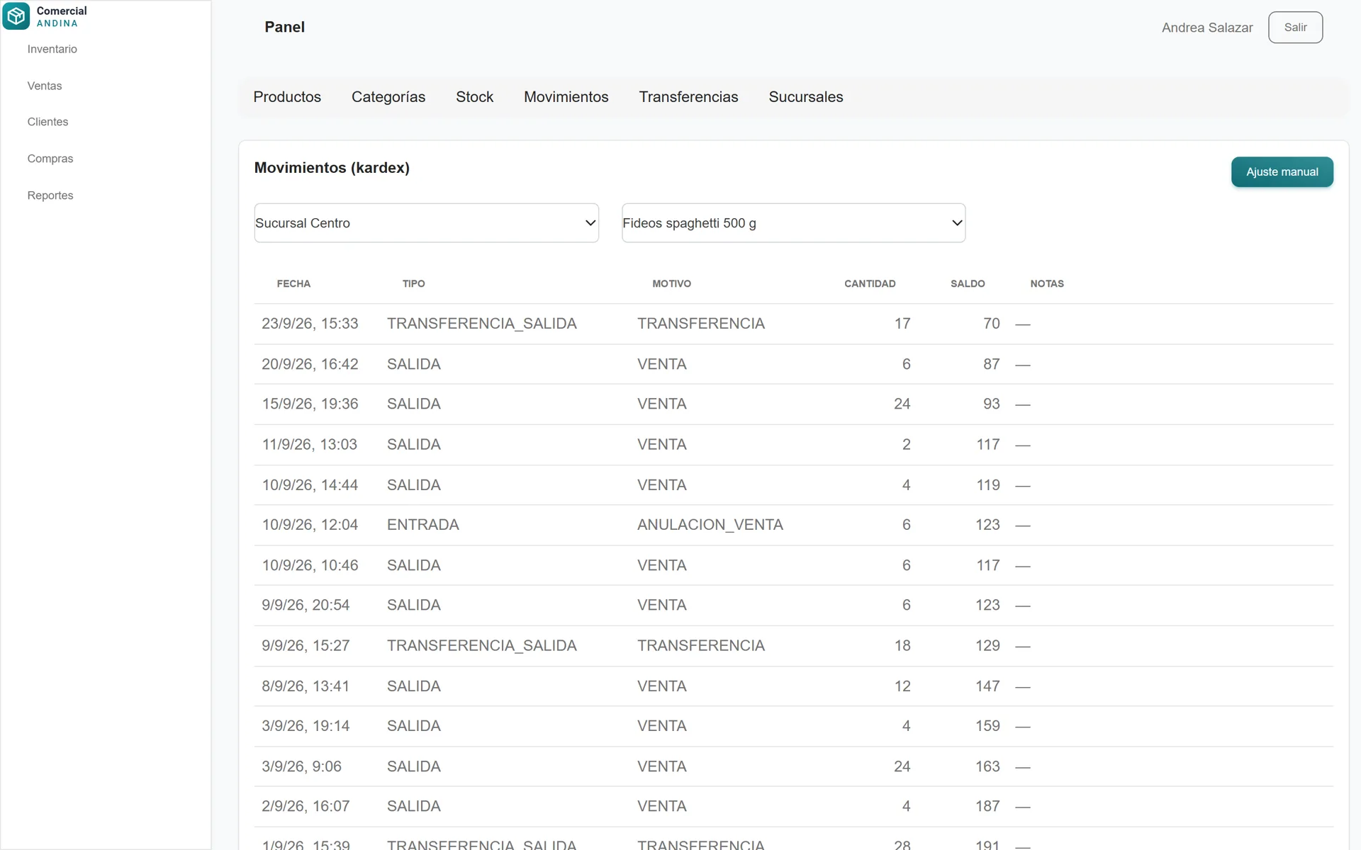 Sistema de Inventario y Ventas: Kardex: historial de movimientos de un producto con su saldo