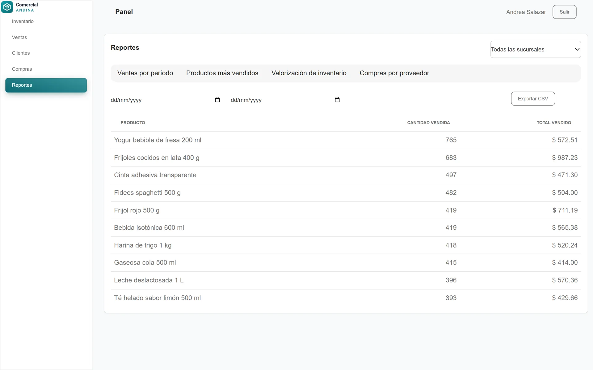 Sistema de Inventario y Ventas: Reporte de productos más vendidos con exportación a CSV