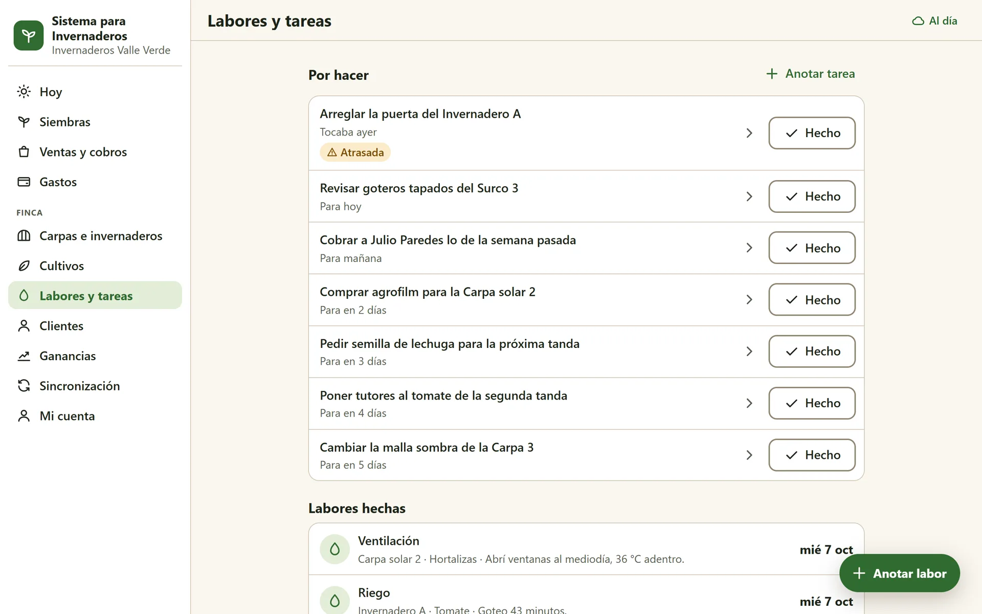 Sistema para Invernaderos: Tareas por hacer y labores registradas