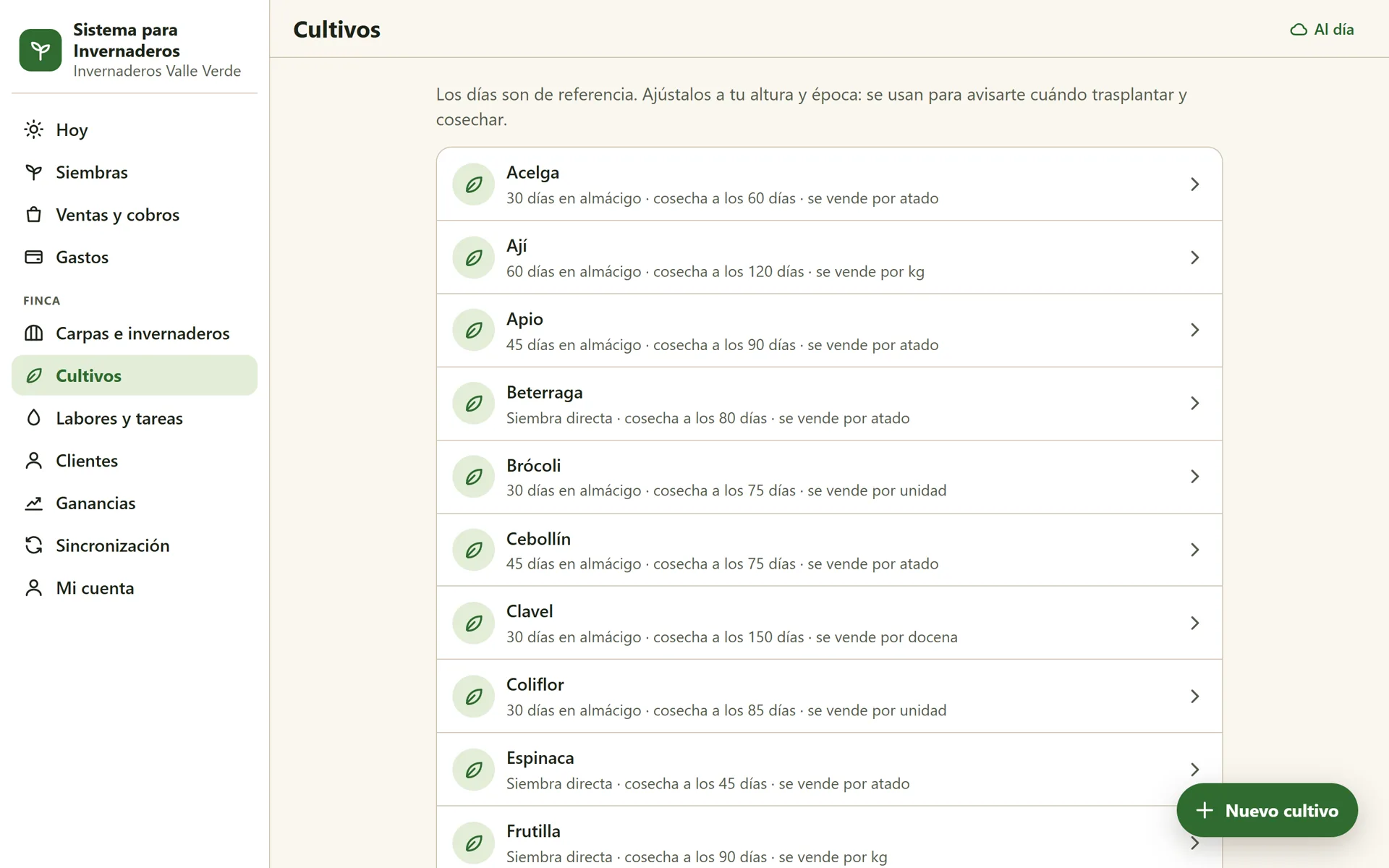 Sistema para Invernaderos: Catálogo de cultivos con sus ciclos de referencia