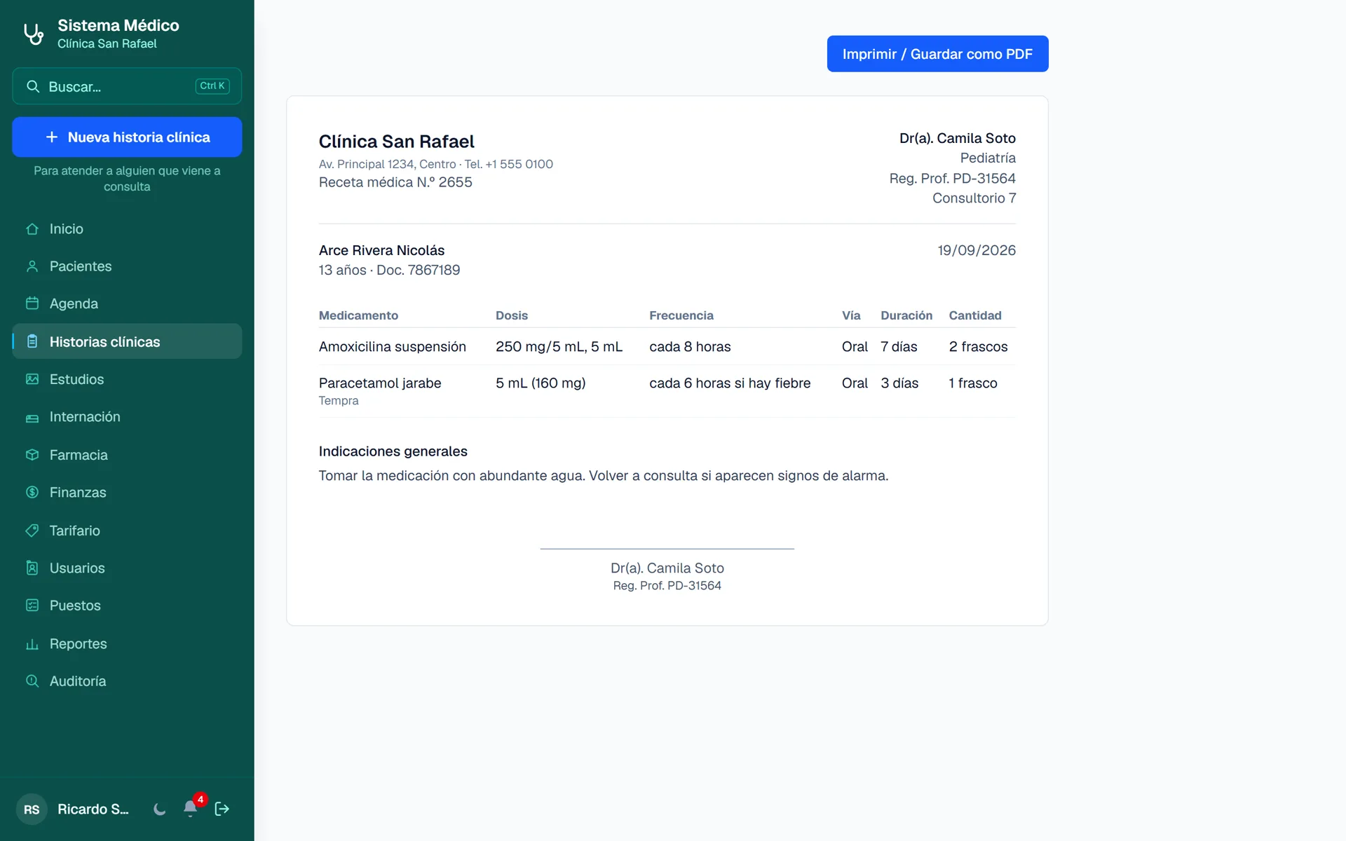 Sistema Médico para Clínicas y Consultorios: Receta médica lista para imprimir