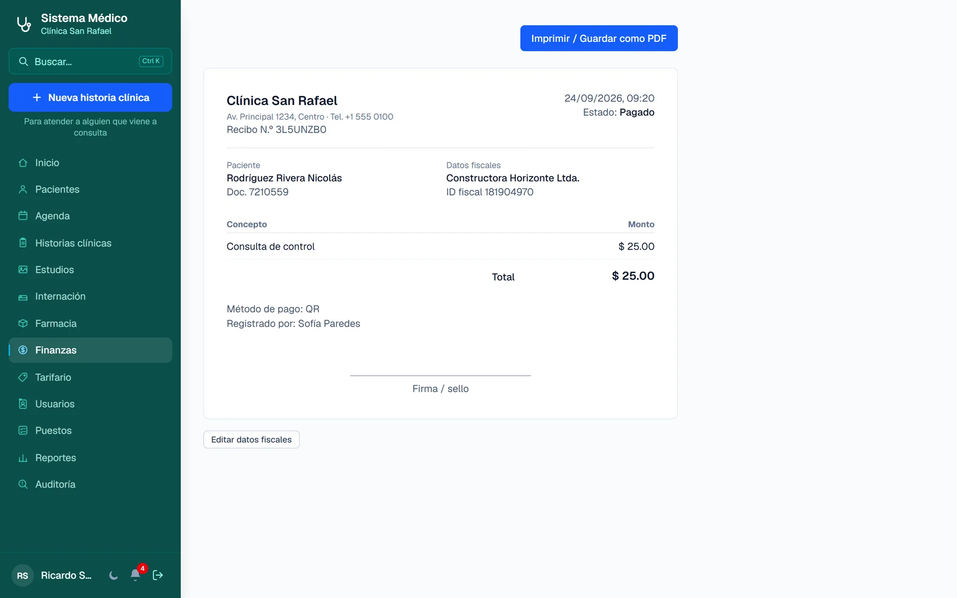 Sistema Médico para Clínicas y Consultorios: Recibo imprimible con datos fiscales