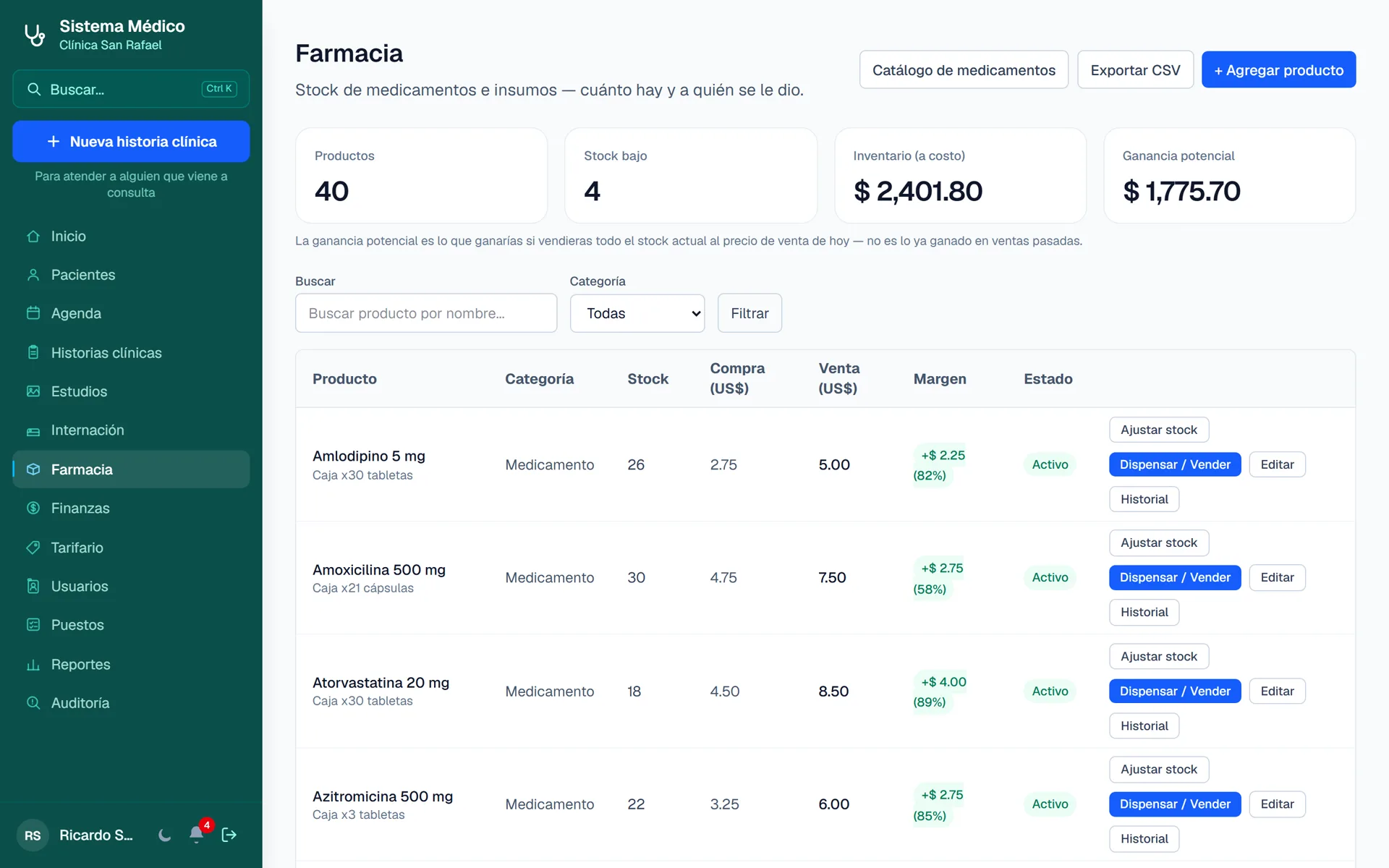 Sistema Médico para Clínicas y Consultorios: Farmacia con stock, precios de compra y venta y margen