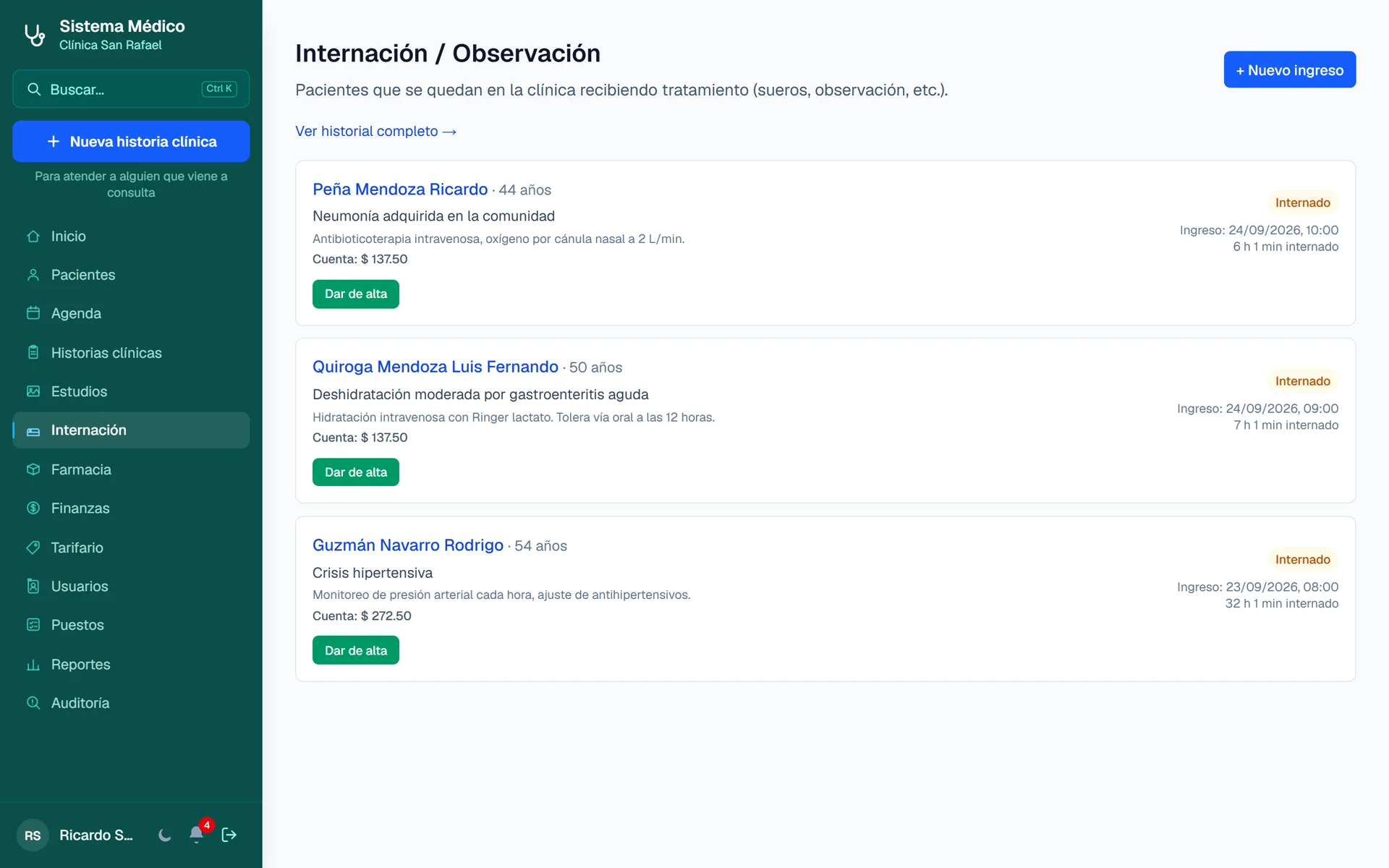 Sistema Médico para Clínicas y Consultorios: Pacientes en internación u observación con su cuenta