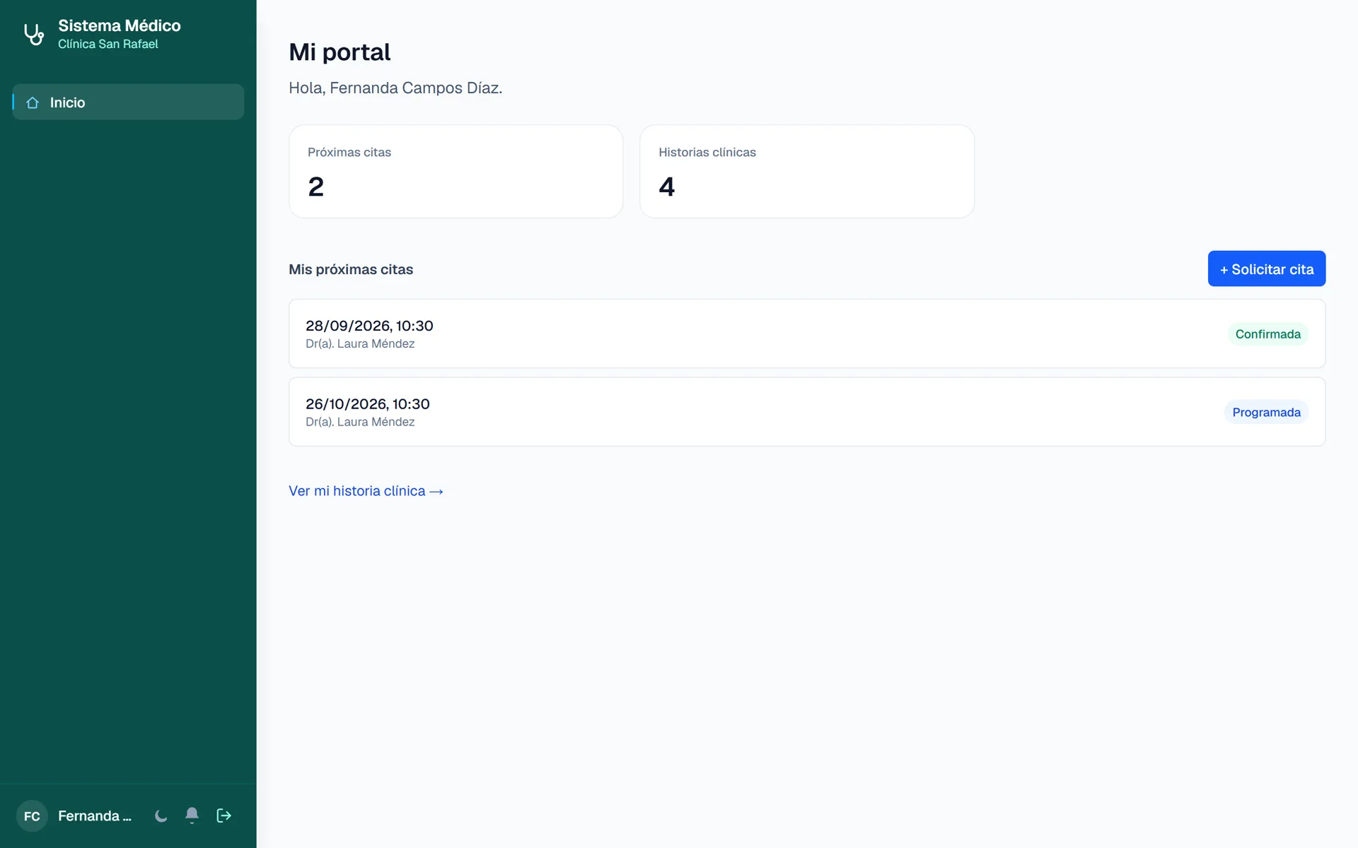 Sistema Médico para Clínicas y Consultorios: Portal del paciente con sus próximas citas