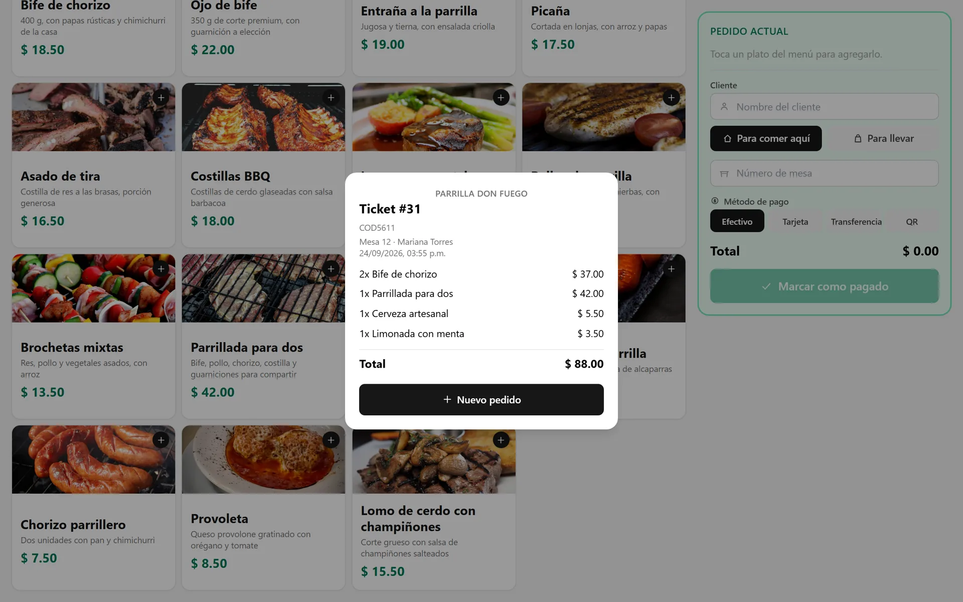 Sistema para Restaurantes: Ticket generado al cobrar un pedido